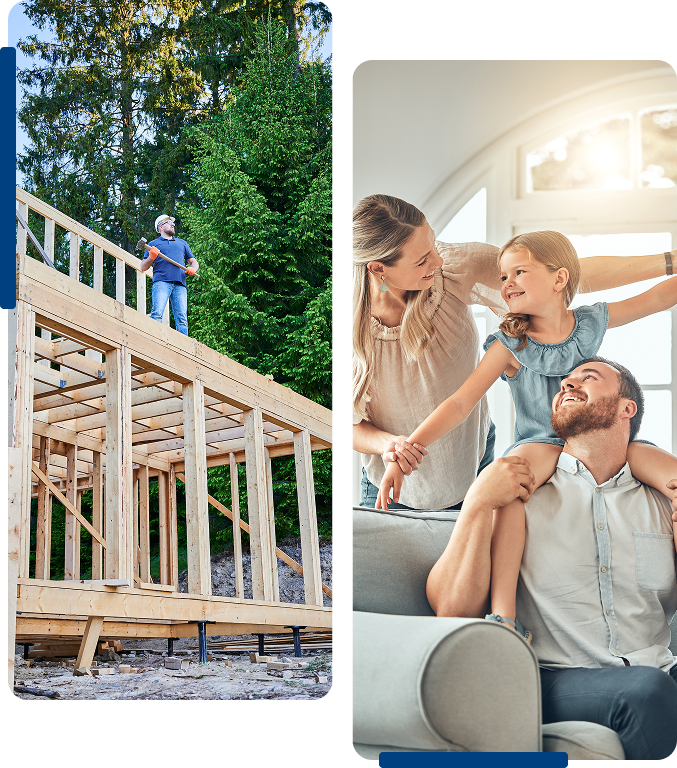 Group 1321314632 Construction site and happy family at home.