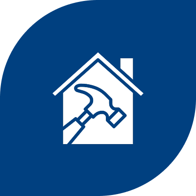 House with hammer icon on blue background.