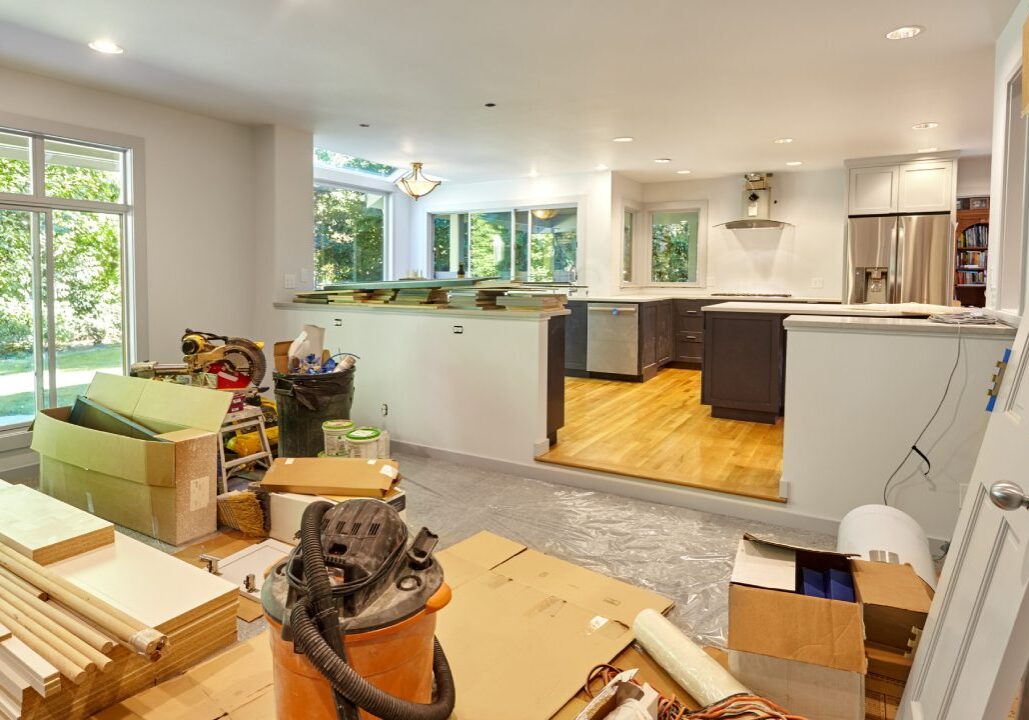 Home renovation with kitchen under construction.